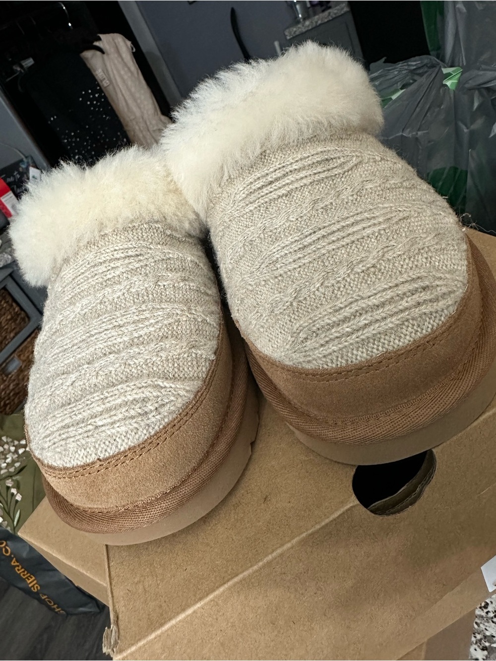 UGG Women's Shearling-Trim Knit Slip-On Slippers in Cream and Tan